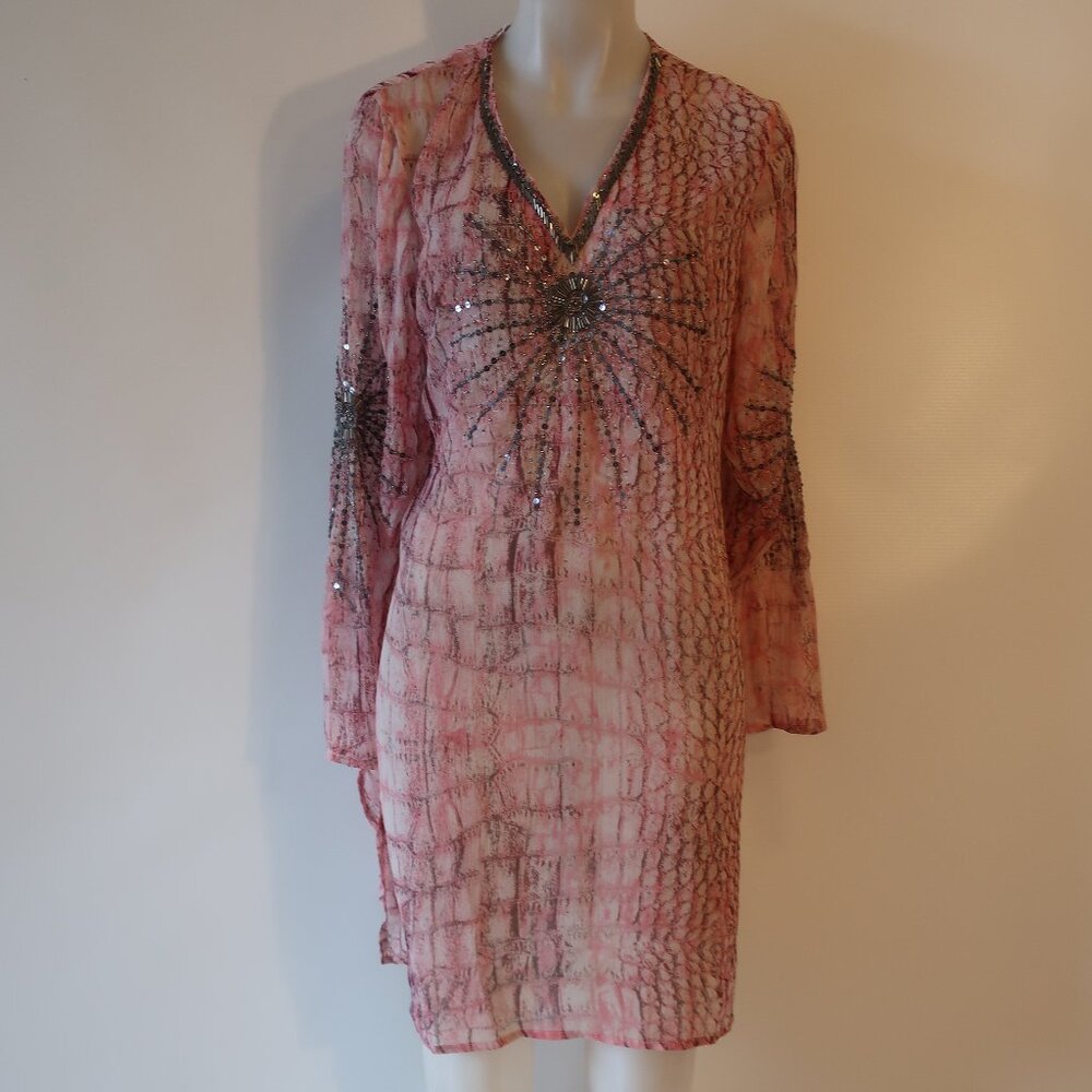 NWT Womens Tina Demel Pink Snake Print Sequin Trim Tunic Top L